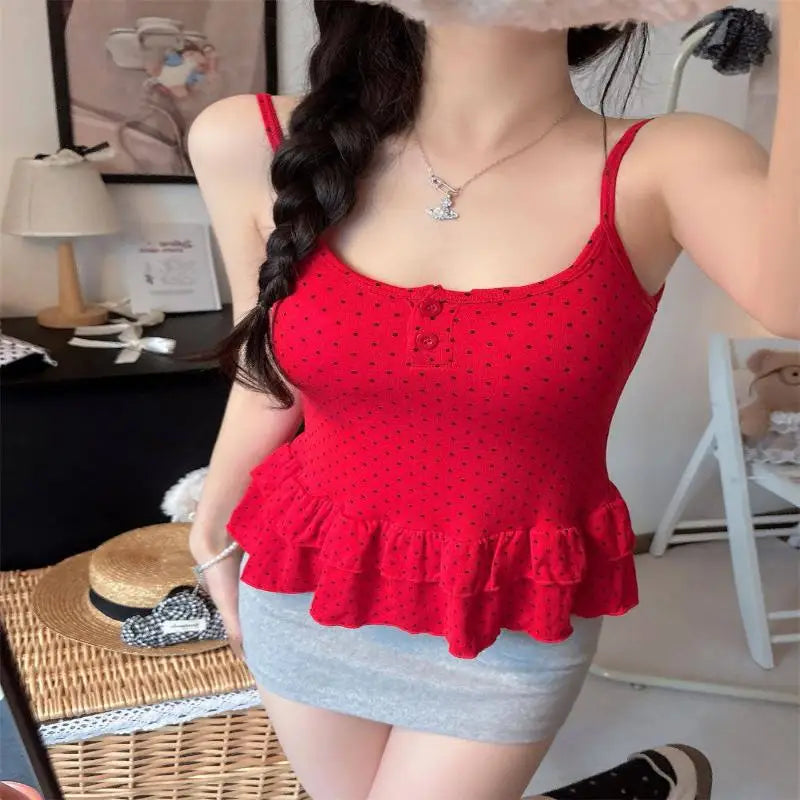 Women Clothing Summer Fashion Casual Polka Dot Solid Color Sling Ladies Fashionable Appear Thin Slim Young Style Tops Oasis Select Red One Size