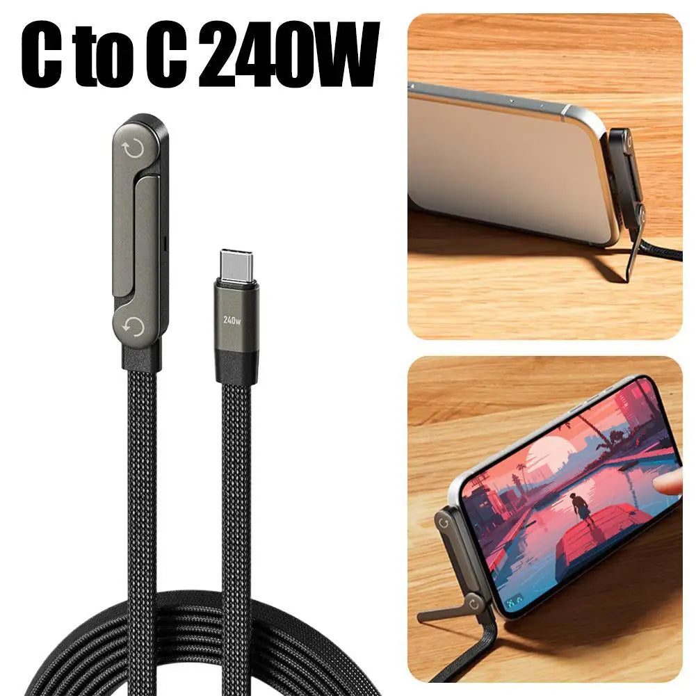 240W USB-C Fast Charging Cable with Phone Stand & 90° Elbow