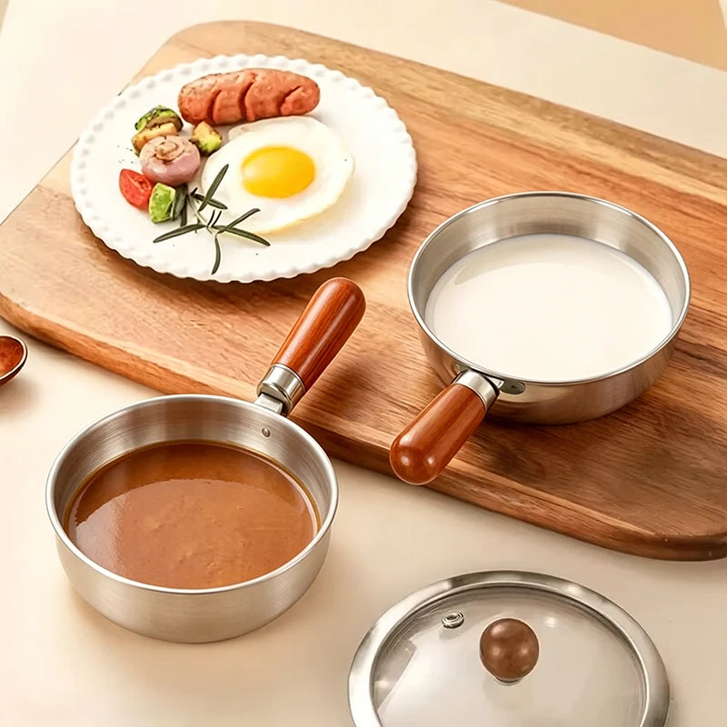 1pc Stainless Steel Pot with Heat-Resistant Wooden Handle - Induction Compatible, Non-Slip Base, Even Heat Distribution Milk Pot Oasis Select
