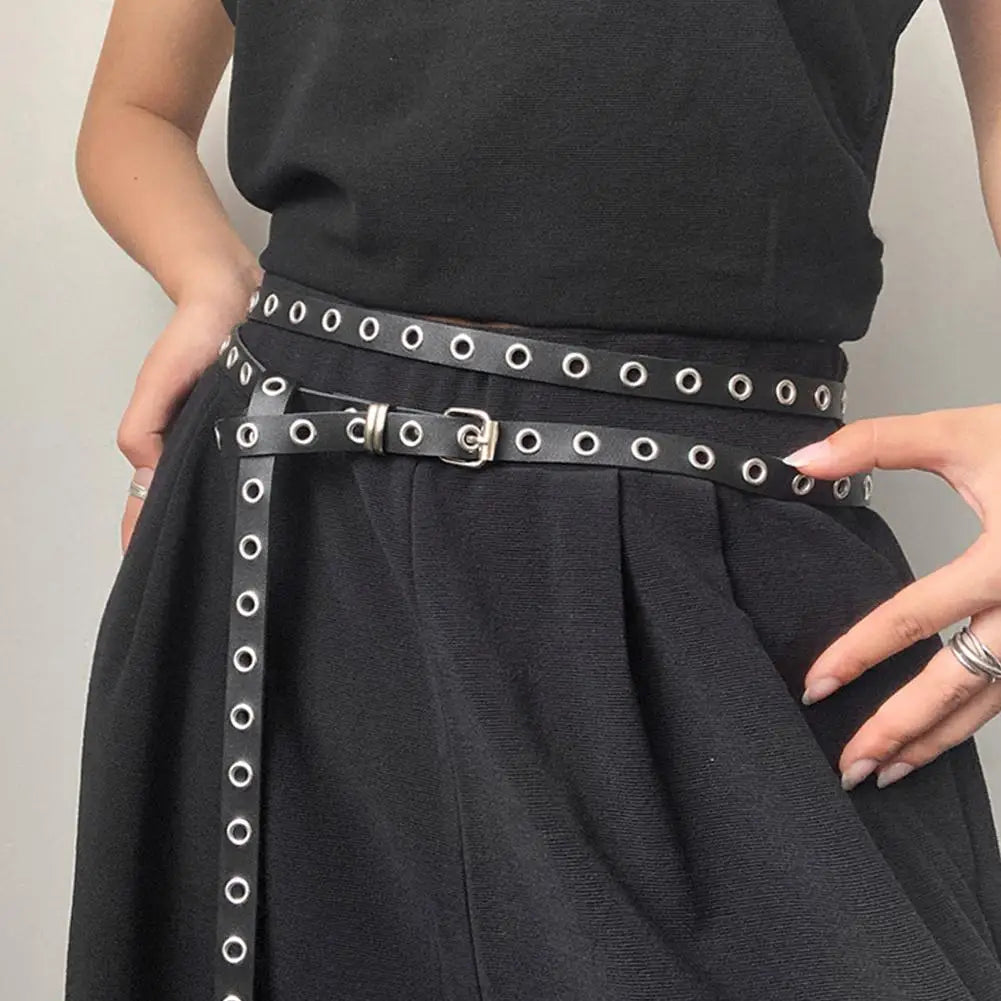 Punk Double Ring Thin Belt – PU Leather Women's Waistband