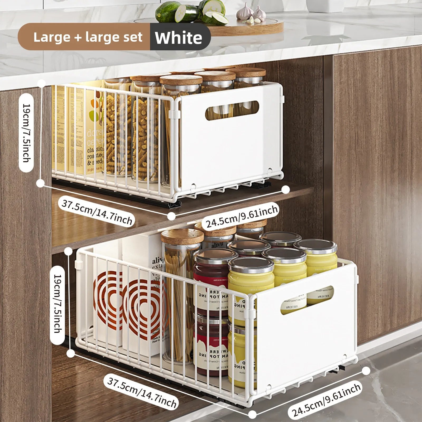 Built-in pull basket in cabinet, multi-functional pull-out snack storage rack, household kitchen sink lower shelf, no punching Oasis Select White Large 2PCS
