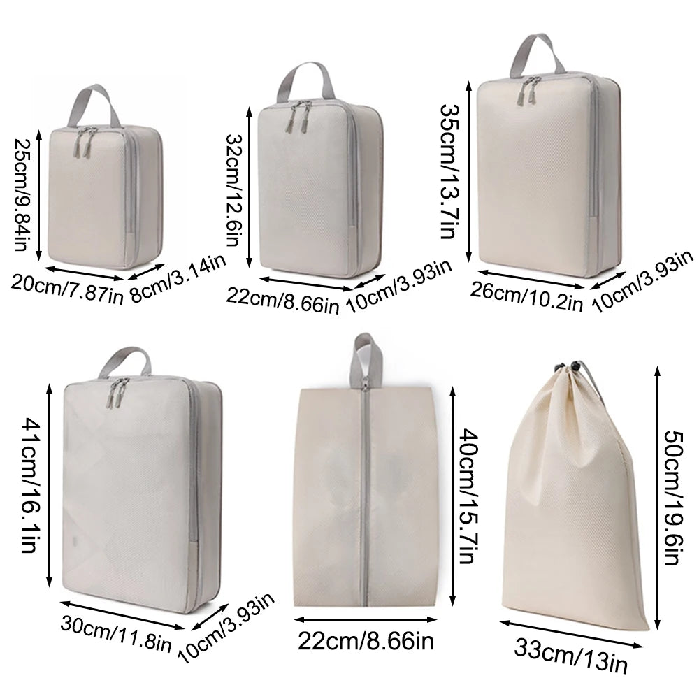 Set/6 pcs Compressible Packing Travel Storage Bag Cubes Waterproof Suitcase Nylon Portable With Handbag Luggage Organizer Oasis Select