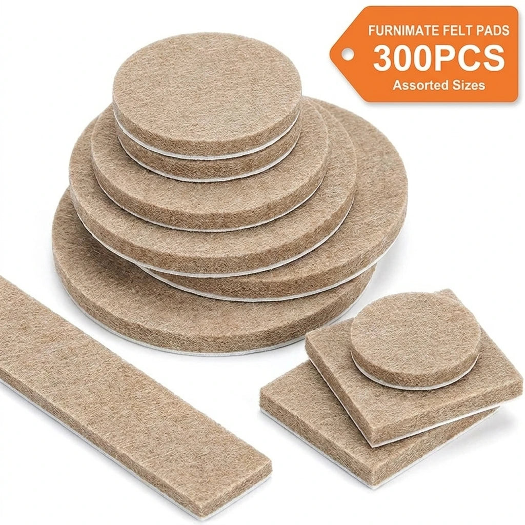 300PCS Value Pack Felt Chair Leg Pads Various Sizes Self Adhesive Furniture Protectors for Hardwood Floor Oasis Select