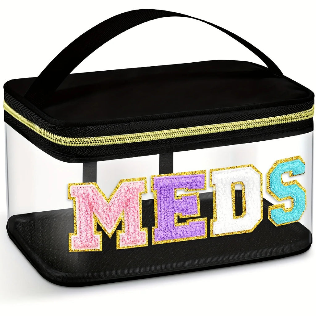1PC Fashion letter patch cosmetic bag Clear handle nylon zipper travel medicine bag suitable for patients and nurses Oasis Select black