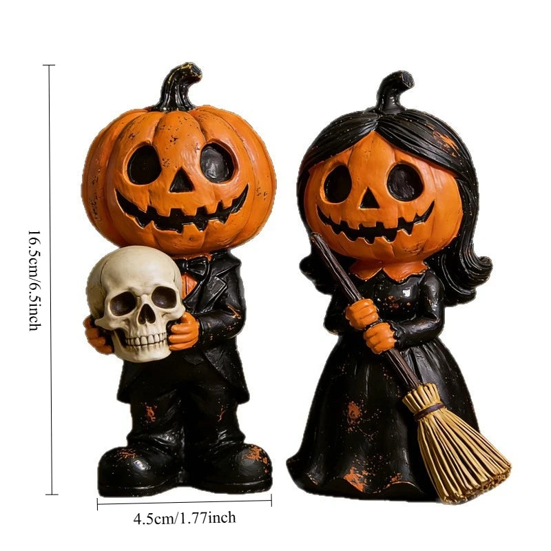 2 pieces of best-selling new Halloween pumpkin couple resin statues, broom Gothic-style statue decorative item Oasis Select