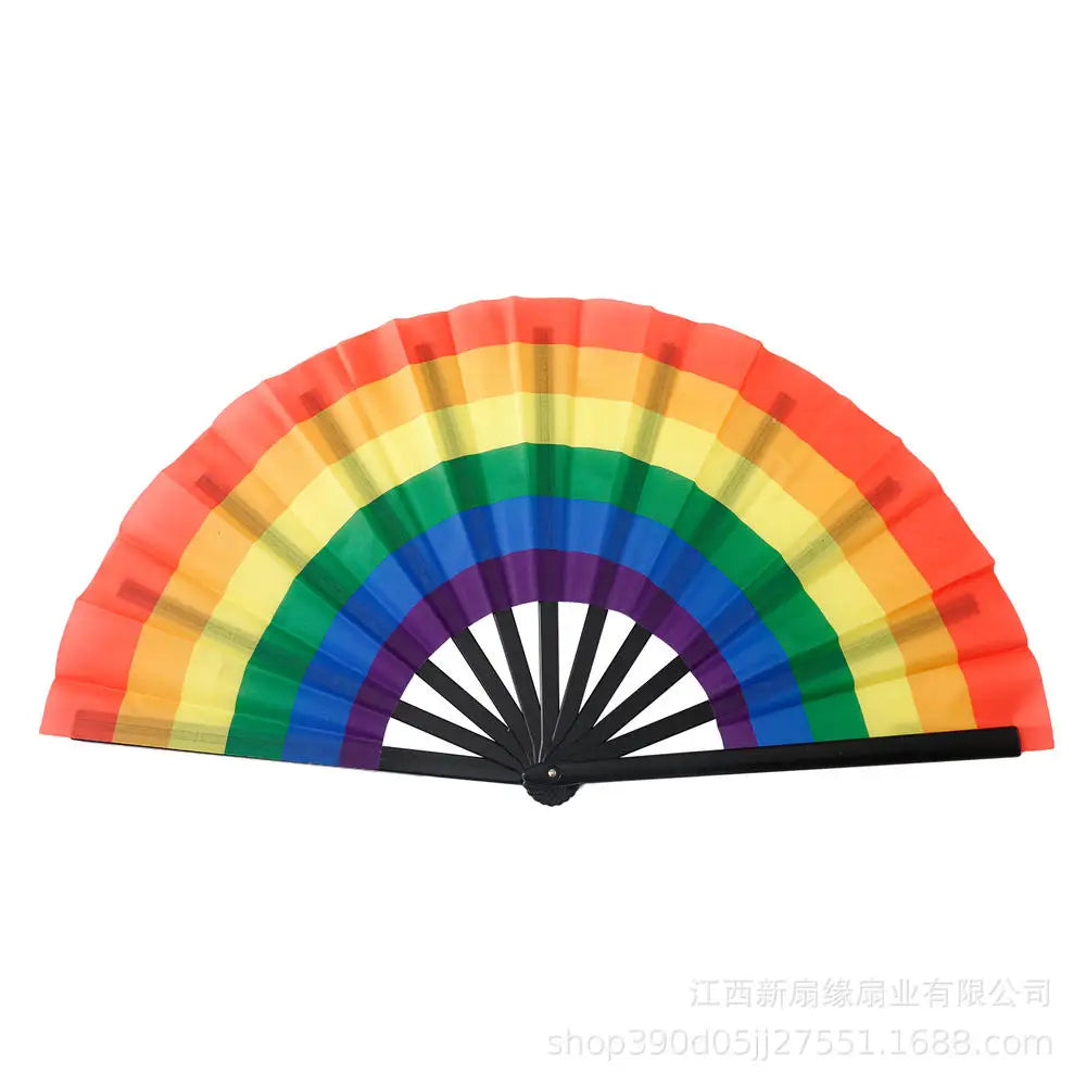 New Foldable Bamboo Fan 33cm Lightweight Holding Laser Colors Hand Fan Portable PVC Clack Clapping Fans for Line Dancing Oasis Select Rainbow 7