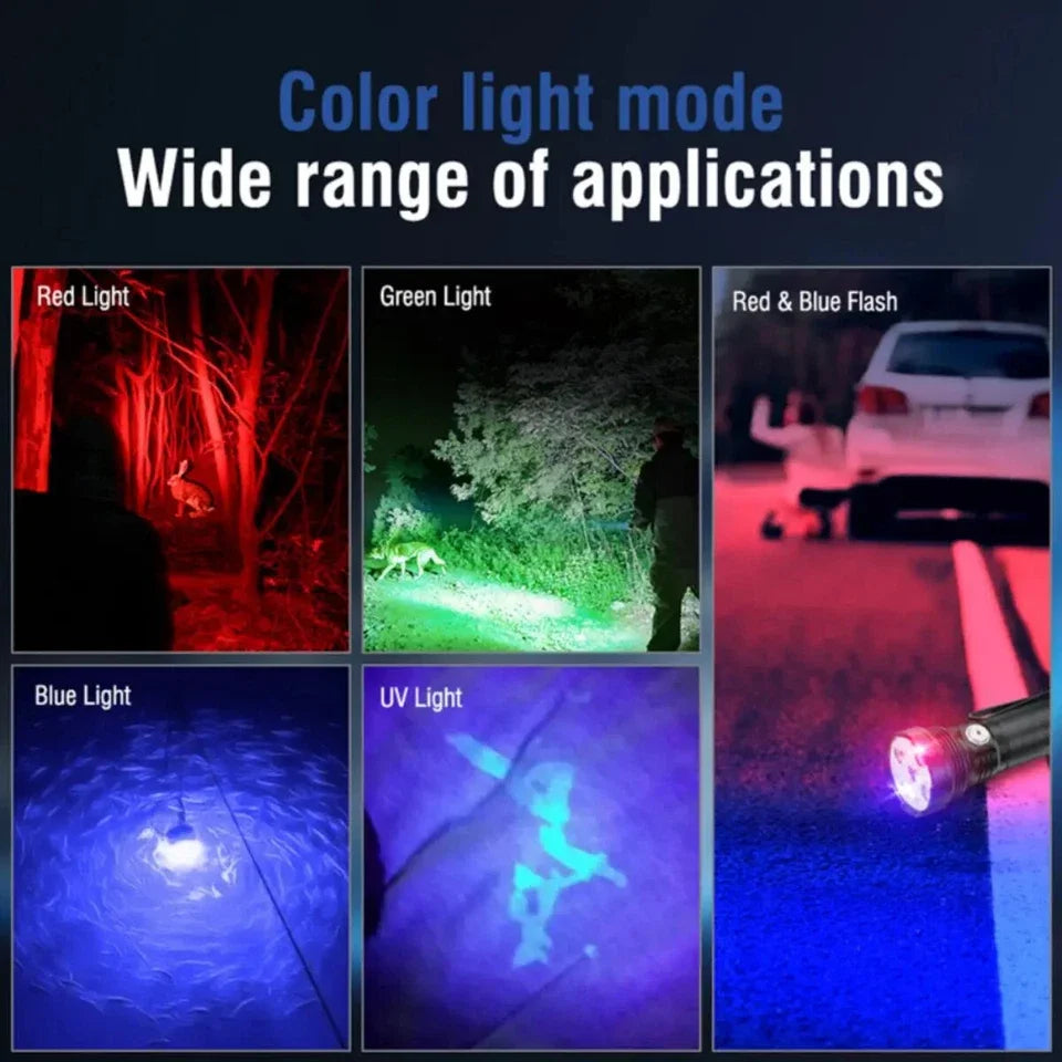 5 in 1 Red/Green/Blue/White/UV Light Super Bright LED Flashlight USB Rechargeable 10 Modes Torch with Pen Clip Oasis Select