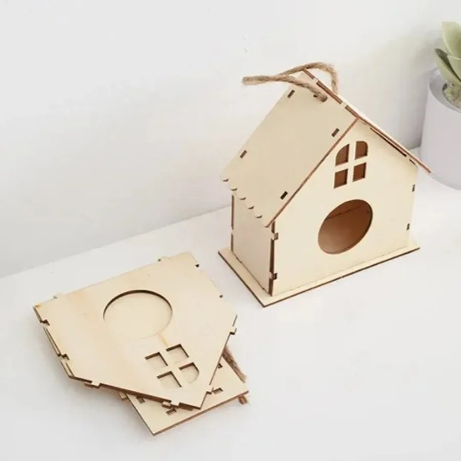 Wooden Mini Miniature Doll House DIY Small House Kit Accessory Pet Supplies Hanging Birdhouse Hideouts for Outside Balcony Oasis Select Style2