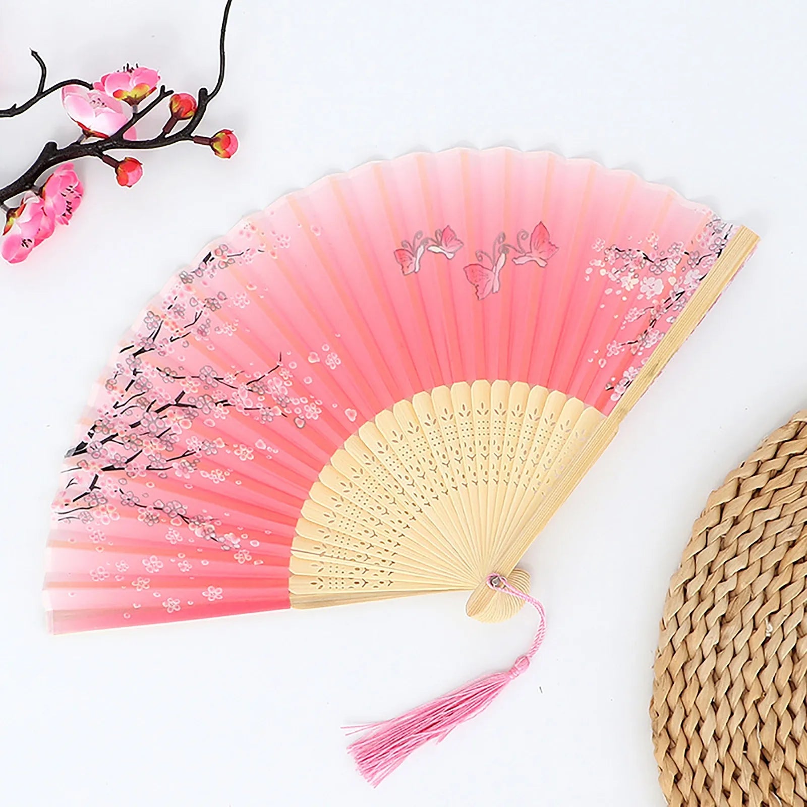 Vintage Silk Folding Fan Chinese Japanese Art Crafts Gift Home Decorations Dance Hand Fan Bamboo Room Decor Wood Fans Oasis Select N One Size
