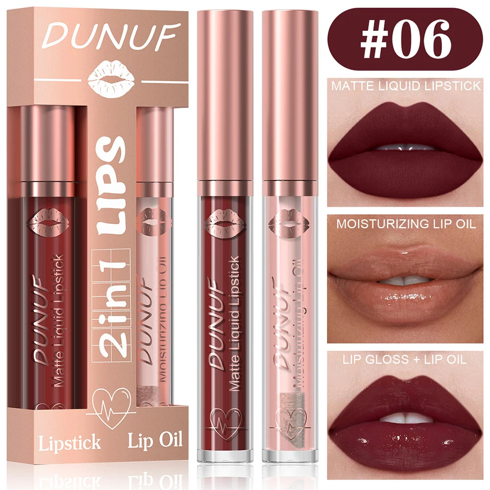 DUNUF Lip Gloss And Lip Oil Set 2-Piece Long-Lasting Waterproof Matte Moisturizing Non-Fading Lipstick Collection Oasis Select 06