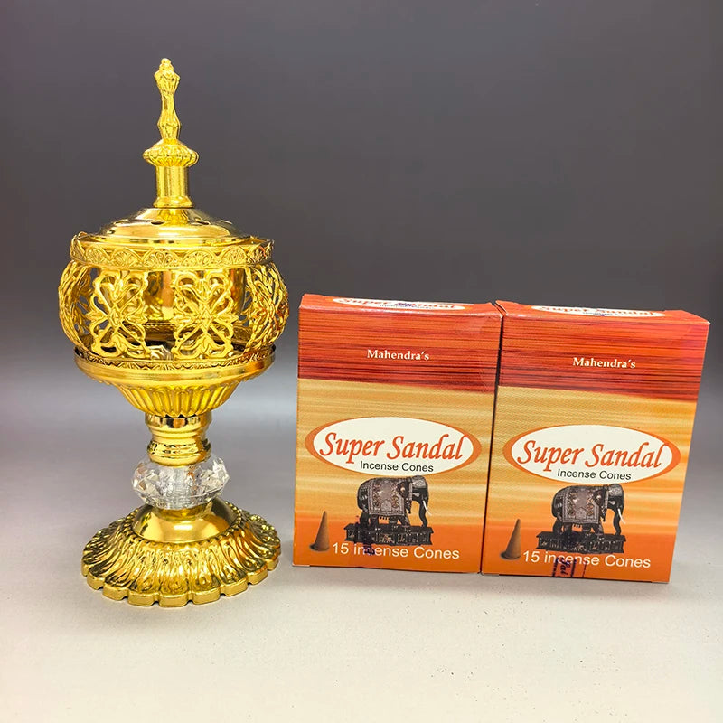 2Pack Mahendra Incense Cones with 1pc Hollow Incense Burner Set，for Yoga Meditation，Home Fragrance Sandalwood Patchouli Lasting Oasis Select B-Sandalwood