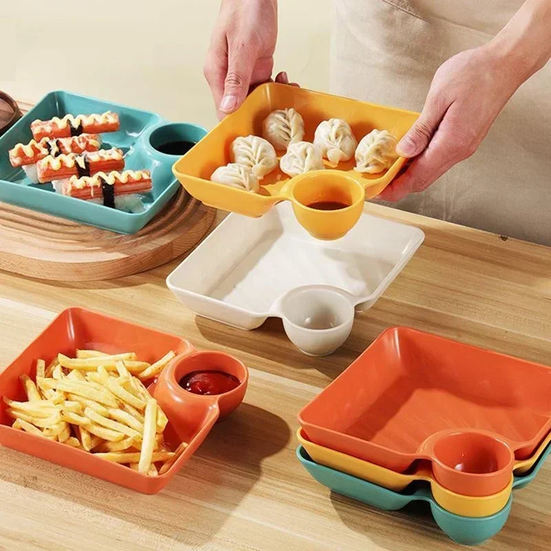 4pcs Easter Themed Chips & Dip Plates, Plastic Dumpling Serving Platter with Dipping Cup, Divided Snack Dishes for Appetizer Oasis Select