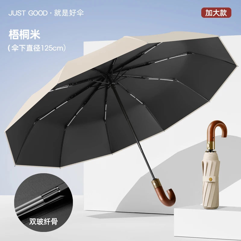 Automatic Umbrella Bent Hook Wooden Handle Umbrella Large Double Thickened Storm Resistant Umbrella Oasis Select Beige 125cm 10K metal-fiber composite