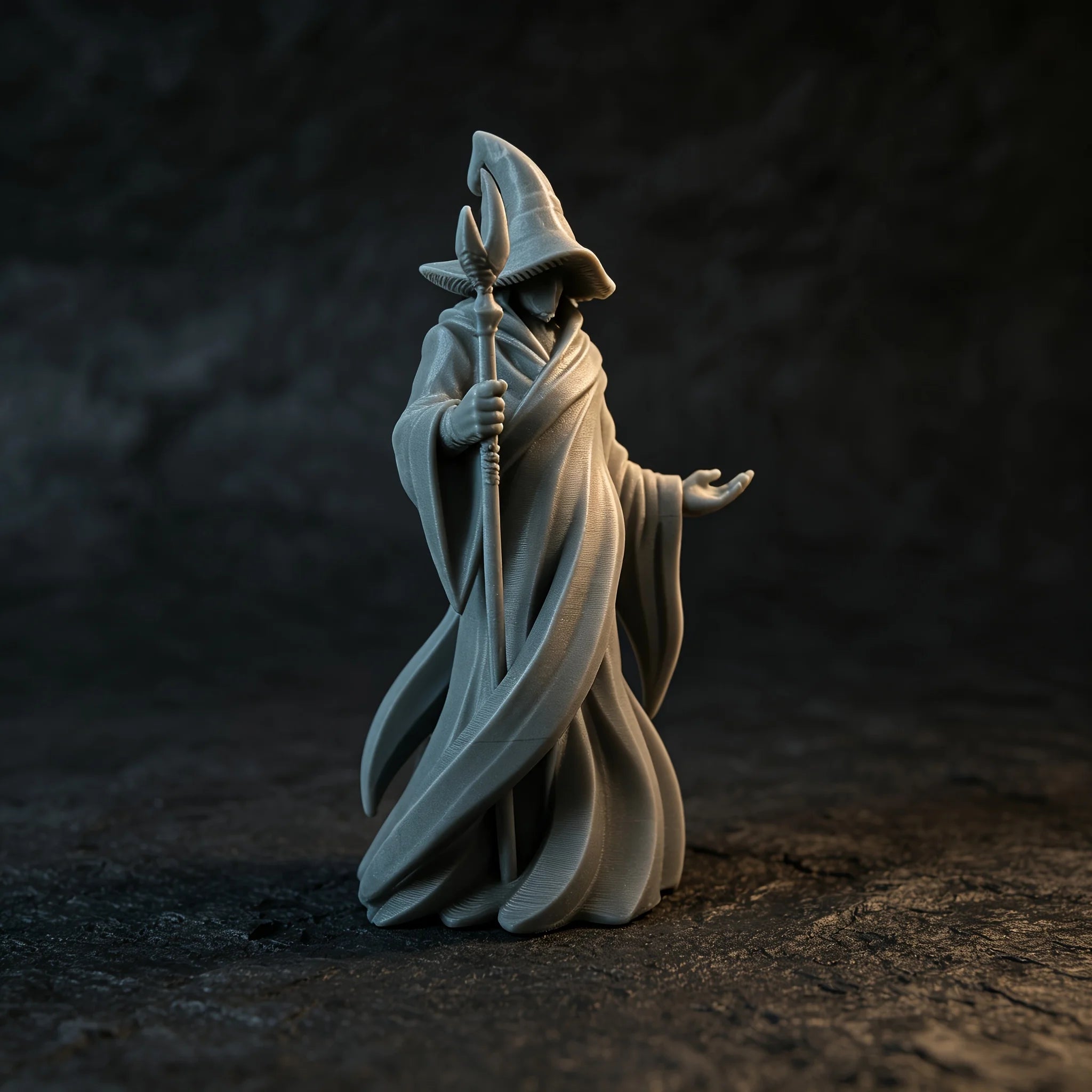 Gothic Faceless Wizard Miniature Figurine 3D Printed Moon Staff Cloaked Mage Statue Home Tabletop Bookshelf Ornament Decor Gifts Oasis Select
