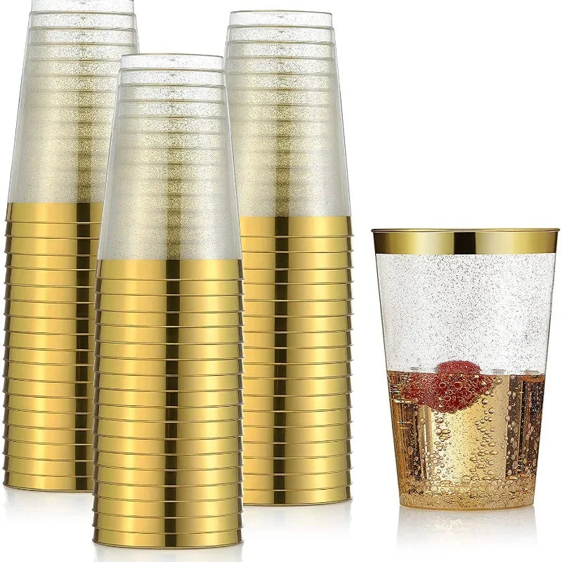 50pcs 10oz Golden Rim Cups, Durable Hard Plastic Water Glasses Suitable for Weddings and Parties, Party Dinnerware Drink Ware Oasis Select Gold-powder 50pcs