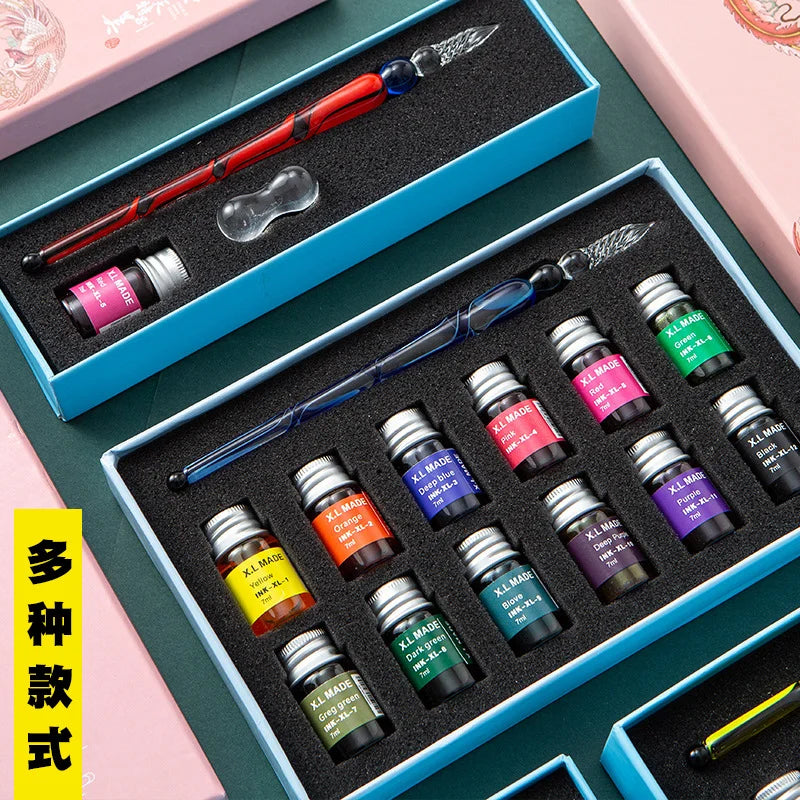 Fantasy glass pen dipped in water, antique style colored ink, crystal signature pen, gift pen dipped in ink set Oasis Select