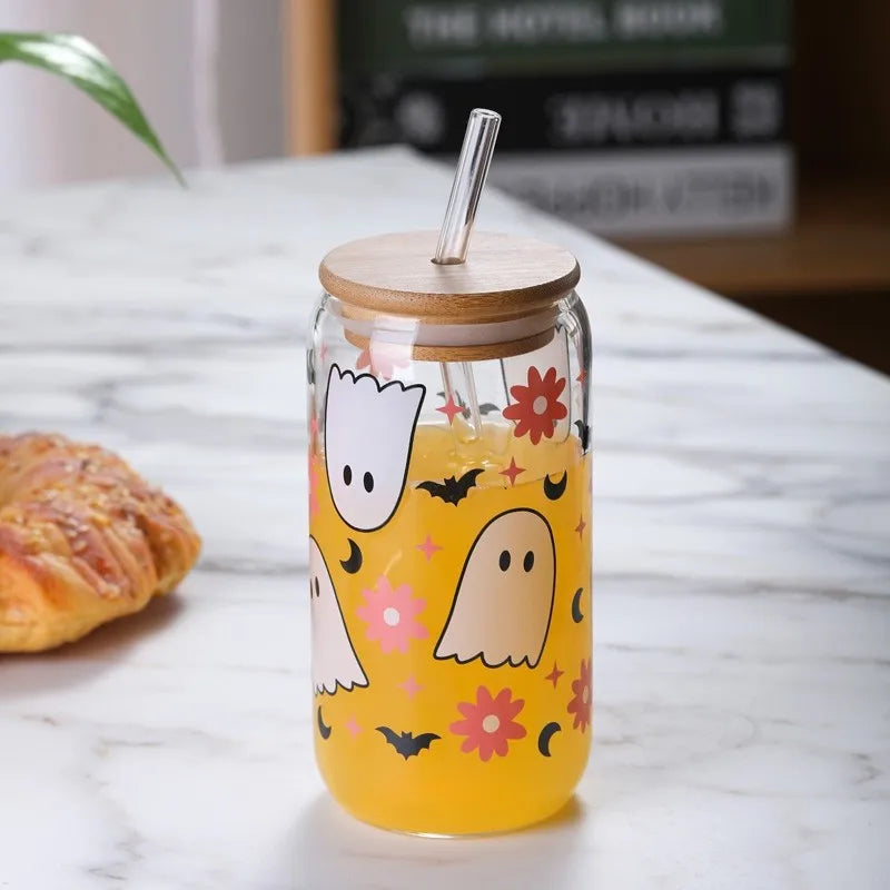 Halloween Drinking Cup with Lid and Straw 18.7oz/550ml Canned Glass Cup Cute Kawaii Coffee Cup Juice Water Cup Milk Oasis Select A 501-600ml