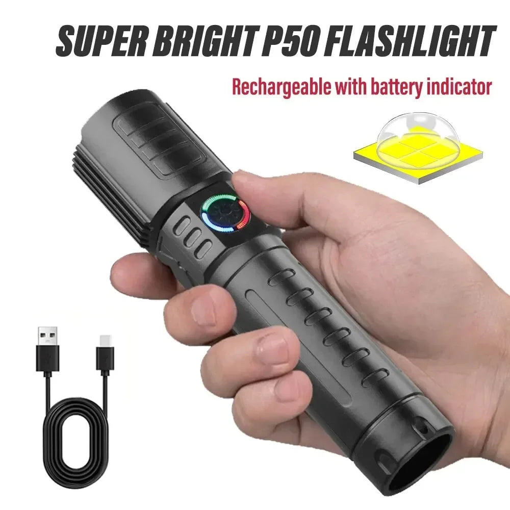 Super Bright LED Flashlight with P50 Beads Zoomable Rechargeable Torch 3 Lighting Modes Waterproof Outdoor Strong Lighting Lamp Oasis Select