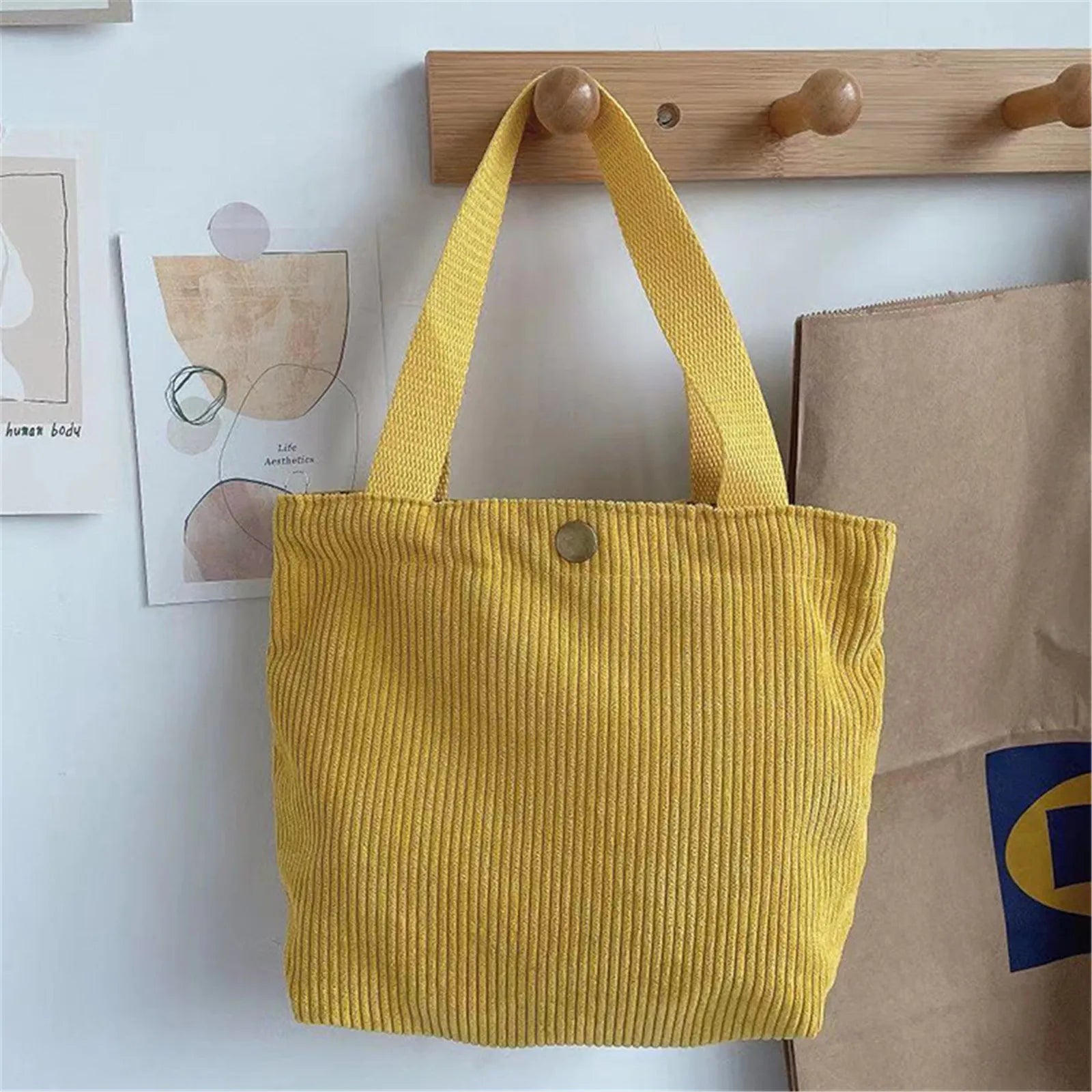 Lunch Bag Corduroy Canvas Lunch Box Drawstring Picnic Tote Eco Cotton Cloth Small Handbag Dinner Container Food Storage Bags Oasis Select Golden