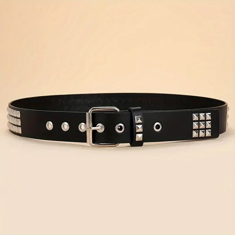 Punk Style Rivet Belt Set Equipped with Stainless Steel Square Buckle PU Panel Material Male and Female Pyramid Rivet Decorat Oasis Select