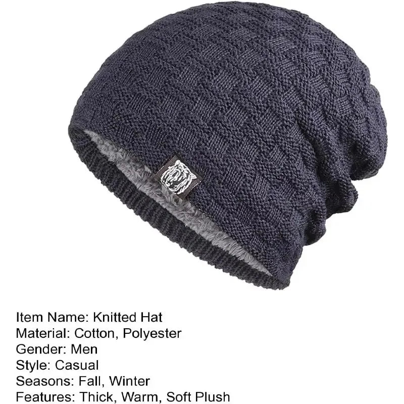 Mens Plush Lining Beanie Winter Hat Outdoor Sports Keep Warm Knitted Skully Hat Cycling Camping Cap Cold Weather Gear Oasis Select