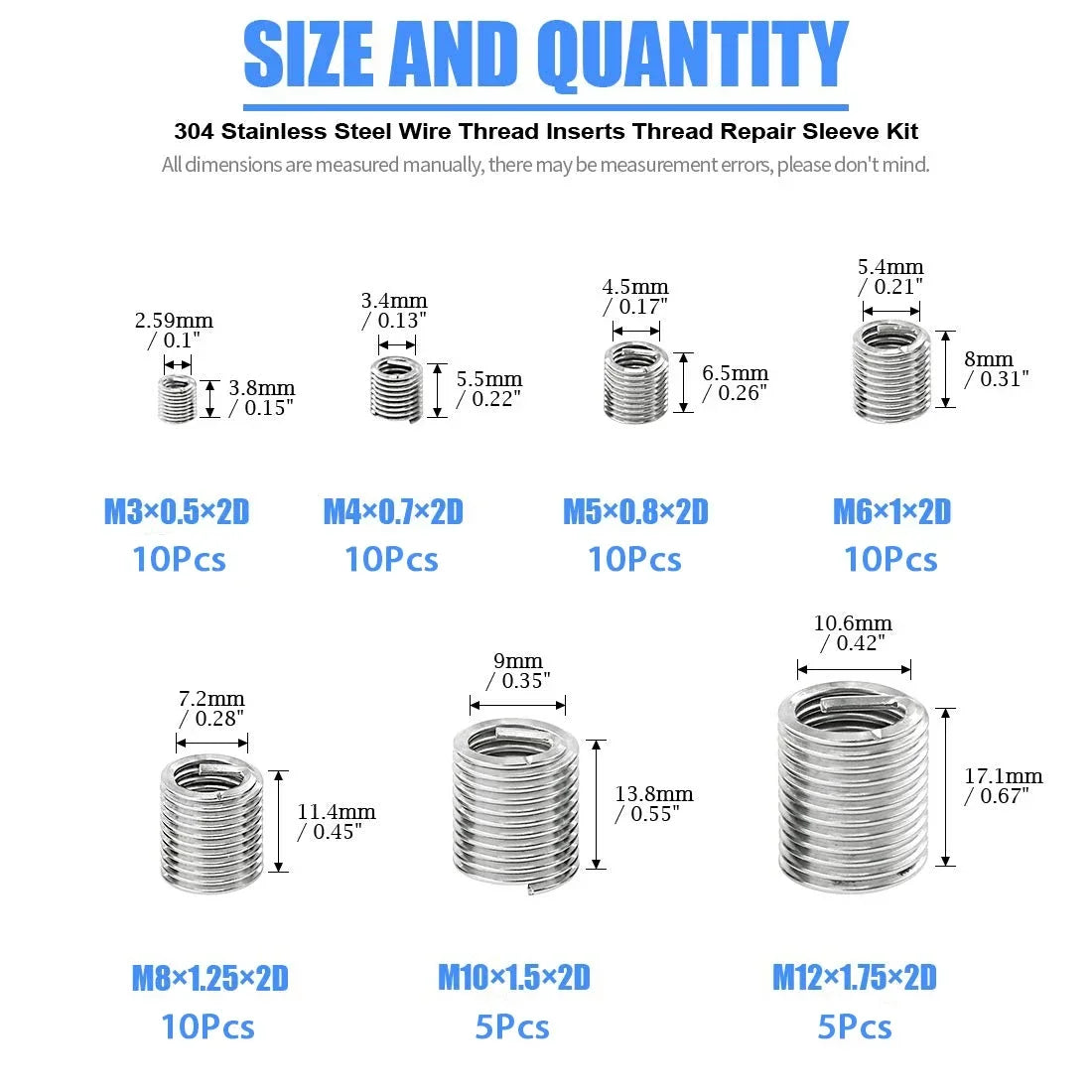 60Pcs Wire Thread Insert M3 M4 M5 M6 M8 M10 M12 Fastening Thread Insert Stainless Steel Spiral Wire Screw Sleeve Wear Repair Kit Oasis Select