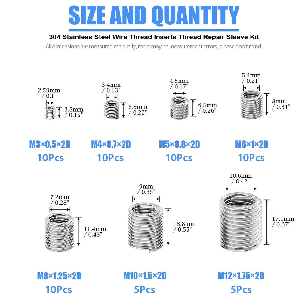 60Pcs Wire Thread Insert M3 M4 M5 M6 M8 M10 M12 Fastening Thread Insert Stainless Steel Spiral Wire Screw Sleeve Wear Repair Kit Oasis Select