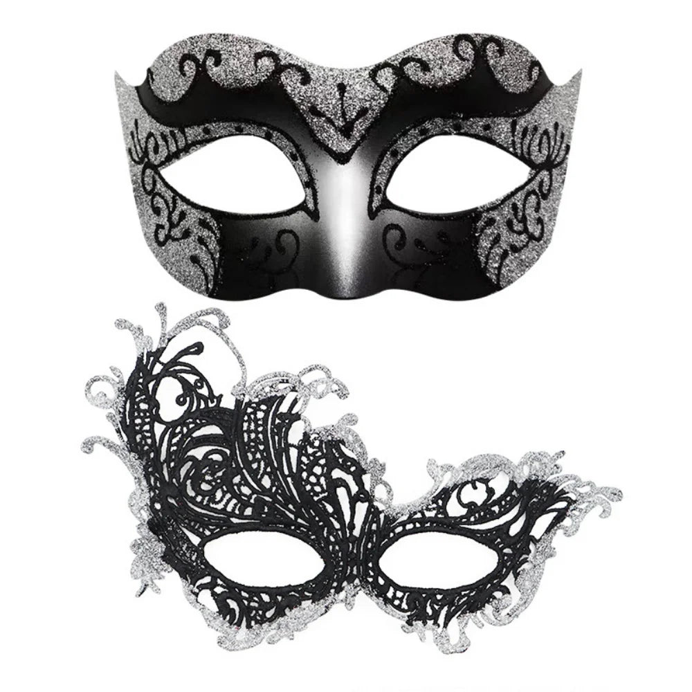 2PCS/set Couple Masks Lace Women Mask Men Painted Half Face Mask Eye Mask Set Party Masquerade Wedding Decoration Costume Prom Oasis Select Silver 1