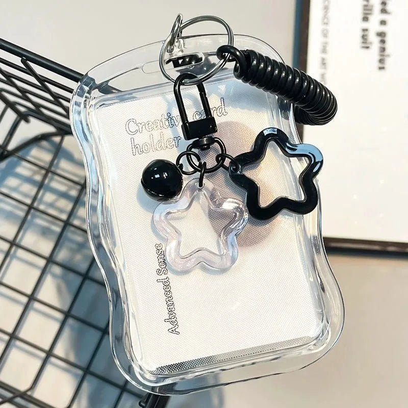 Kawaii Wavy Edge Clear Card Holder with Star Keychain Transparent ID Badge Holder for Student Bus Card & Credit Card Storage Oasis Select