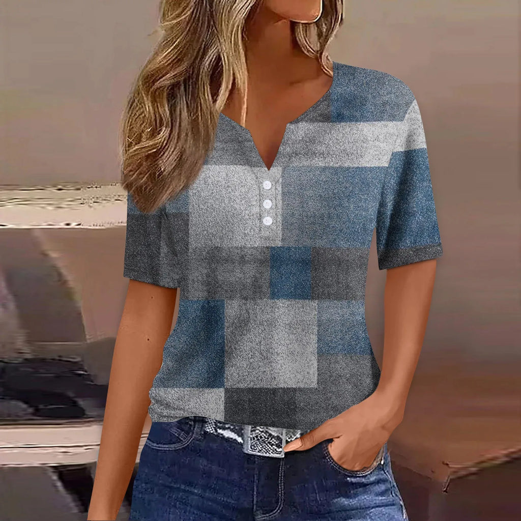 2024 Summer Patchwork T-Shirts Button Tops Womens Casual Short Sleeve Loose Ladies V-Neck Female Street Clothes Pullover Oasis Select Royal Blue L