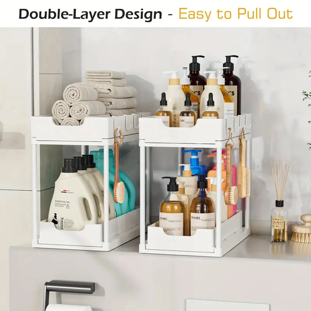 Double-Layer Pull-Out Kitchen Storage Rack, Non-Slip and Stable, Multifunctional Storage Box with Five Hooks, Under-Sink Oasis Select