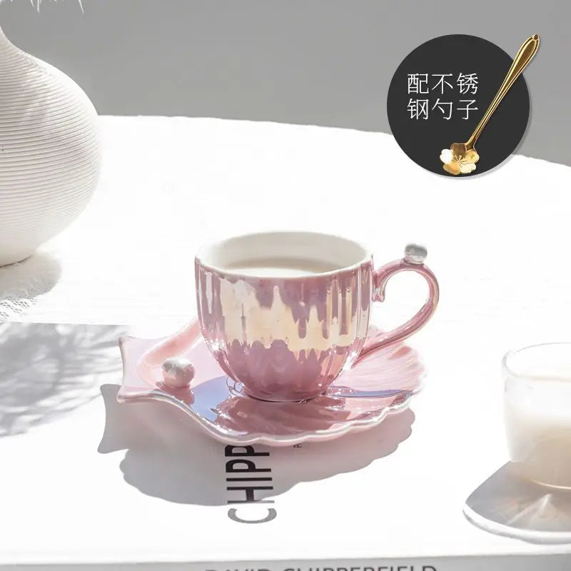 Shell Ceramic Mugs, Women's Coffee Water Cups Household Pearl Cup and Dish Sets High Appearance Level Cups Oasis Select Pure Powder 240ml