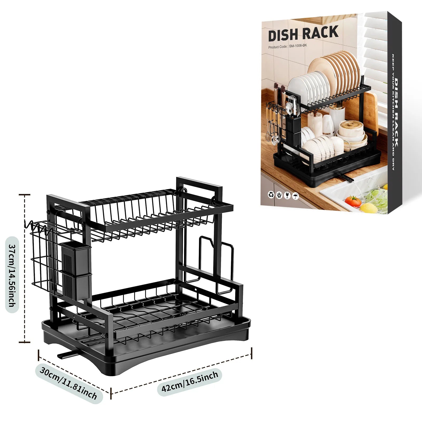 Kitchen Sink Countertop Drain Bowl Rack Drain Basket Rack Cupboard Knife Fork Tableware Dish Storage Rack Oasis Select Black (color box)