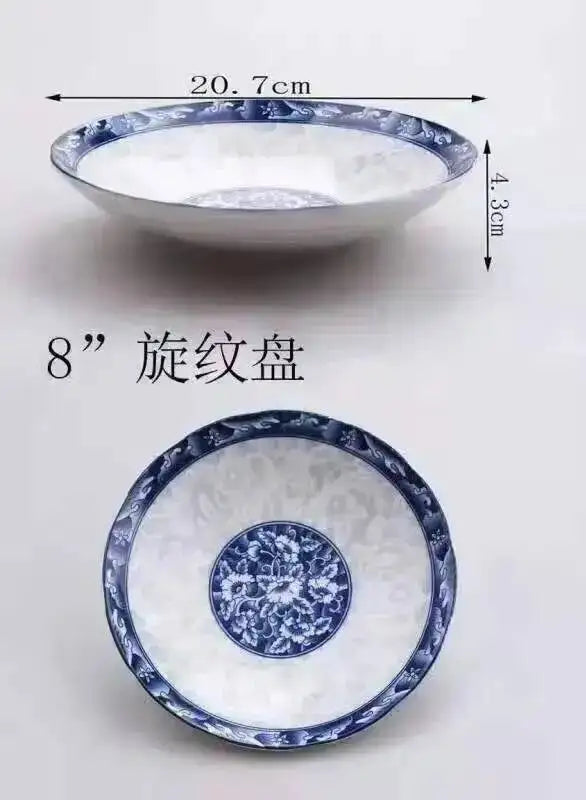 8in Blue And White Dinner Plate Tableware Chinese Bone China Porcelain Deep Fruit Plate Rice Plate Oasis Select 1pcs