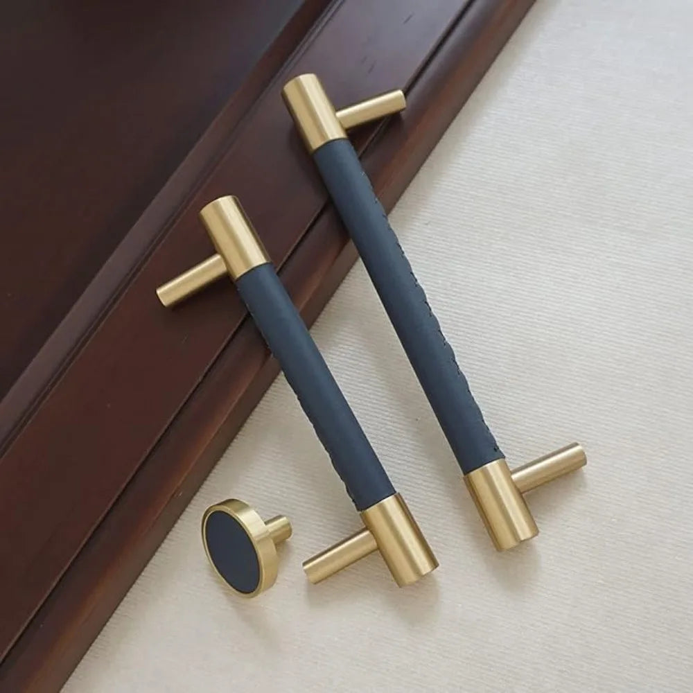 Dooroom Brass Furniture Handles Real Leather Nordic Simple Pulls Cupboard Wardrobe Dresser Shoe Box Drawer Wine Bar Cabinet Knob