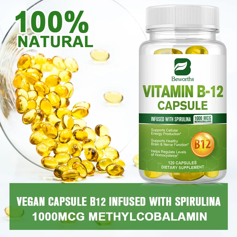 BEWORTHS 1000mcg Organic Vitamin B12 Capsules Support Cellular Energy Production, Brain and Nervous System Health 120PCS Oasis Select