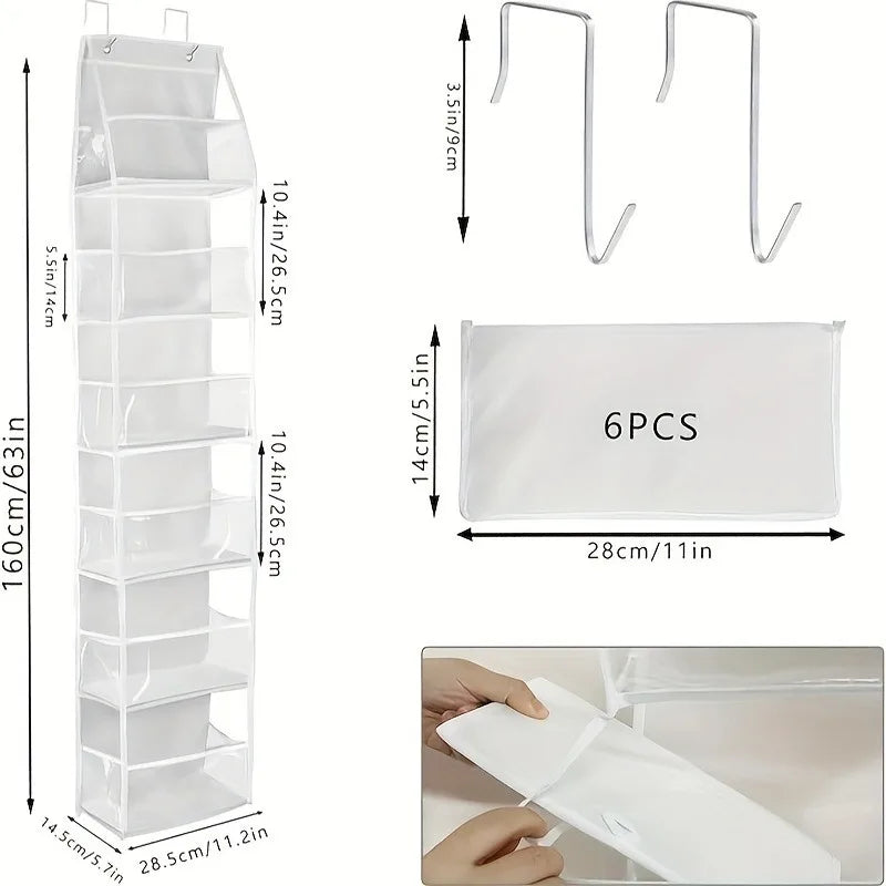 A Door-Mounted Yarn Storage Organizer Designed for Knitting And Crochet, Featuring 6 Transparent Plastic Bags And 2 Large Hooks Oasis Select