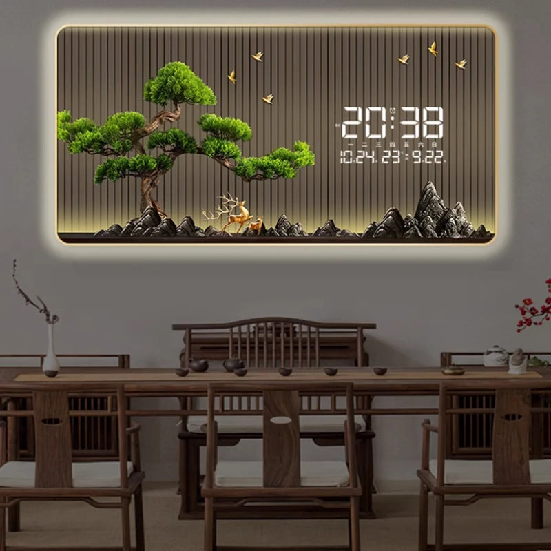 Simple Wind Decorative Painting LED Electronic Clock Living Room Small Fresh New Mural Clock with Calendar Background Light Oasis Select