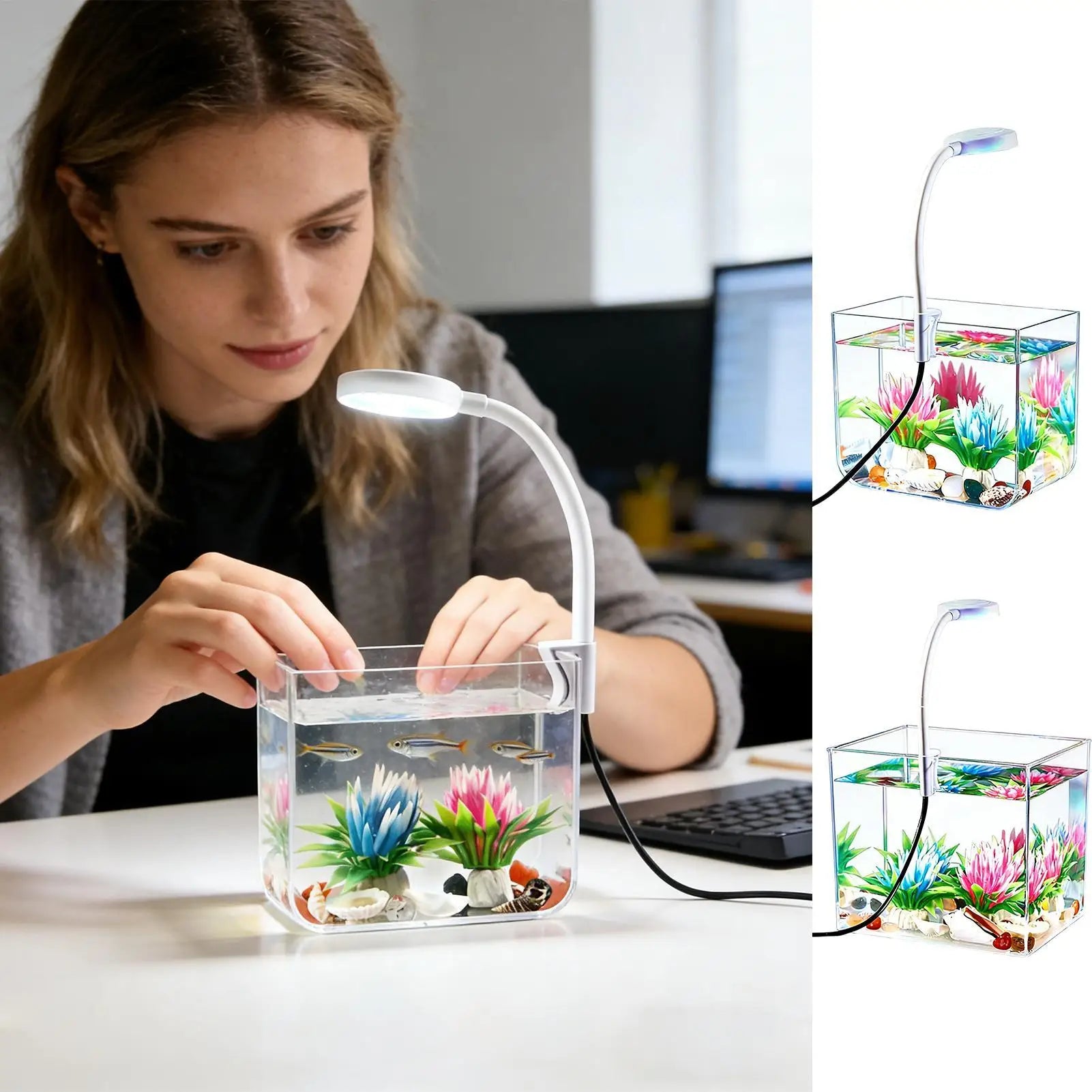 Mini Aquarium with Clip Lights Clear Non-Slip Base Betta Fish Tank Desktop Aquarium for Home Bedroom Living Room Apartment Oasis Select