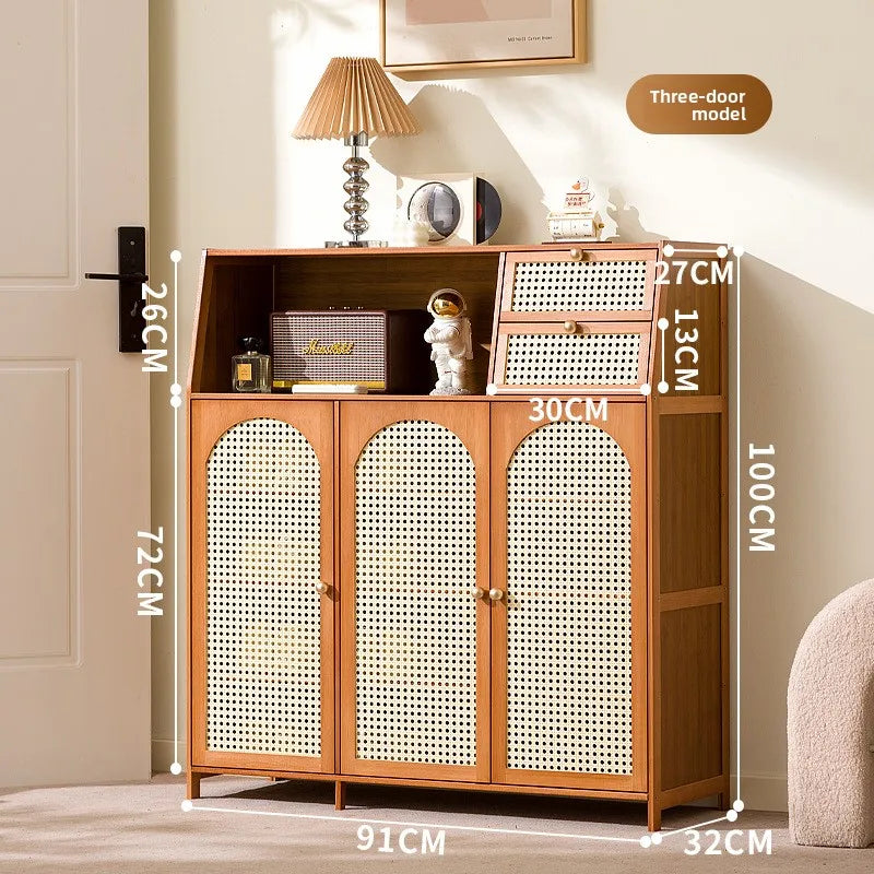 Solid wood shoe cabinet grid reticulated breathable household entrance entrance door door shoe cabinet storage entrance cabinet Oasis Select Brown-Three Doors