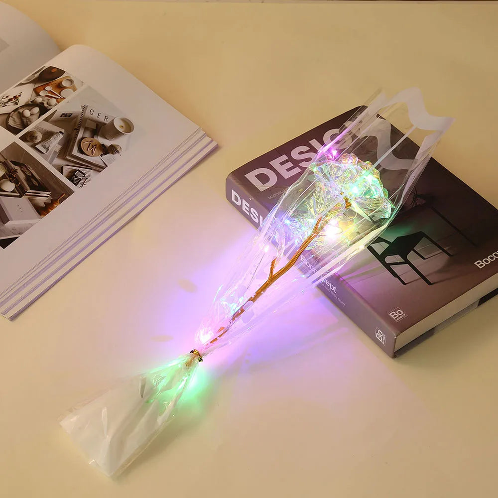LED Gold Foil Rose with Gift Bag Valentine's Day Mother's Day Teacher's Day Gift Artificial Flower Graduation Gifts for Students Oasis Select ColorfulWhite