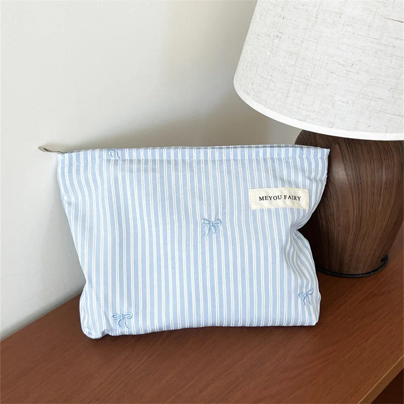 Fashion Women Bow Stripe Makeup Bag Portable Toiletry Lipsticks Cosmetic Storage Pouch Clutch Bag Ladies Organizer Handbag Oasis Select Light Blue D