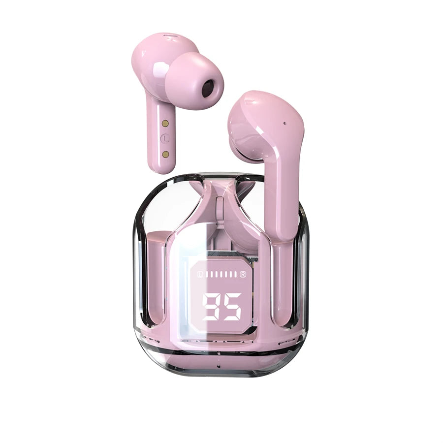 Original T2 Wireless Bluetooth Earphone Transparent HIFI Headphones LED Power Digital Display Stereo Sound Earphones for Phone Oasis Select Pink