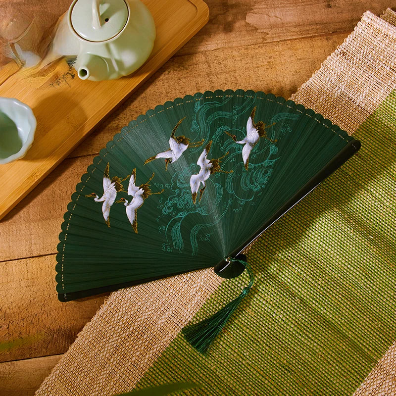 18cm Chinese style retro style all bamboo crane dark green big red bronzing folding fan portable cheongsam dance fan Oasis Select