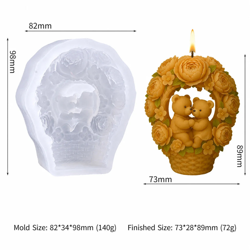 3D Hugging Bears Flower Basket Silicone Mold | Candle & Soap DIY