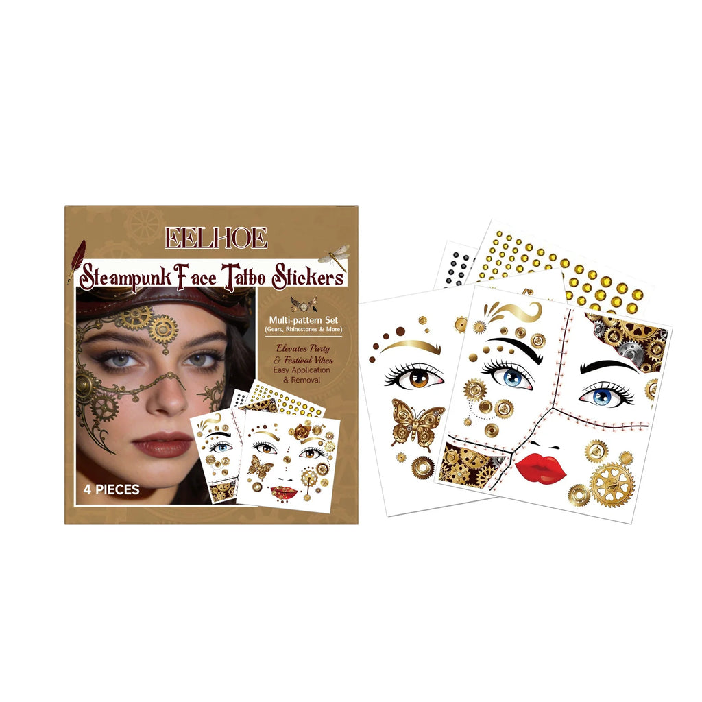 Punk Style Face Tattoo Sticker Set Rhinestone Decor Party Makeup Decal Waterproof Festival Cosplay DIY Face Decor Kit Oasis Select 1box 4pcs