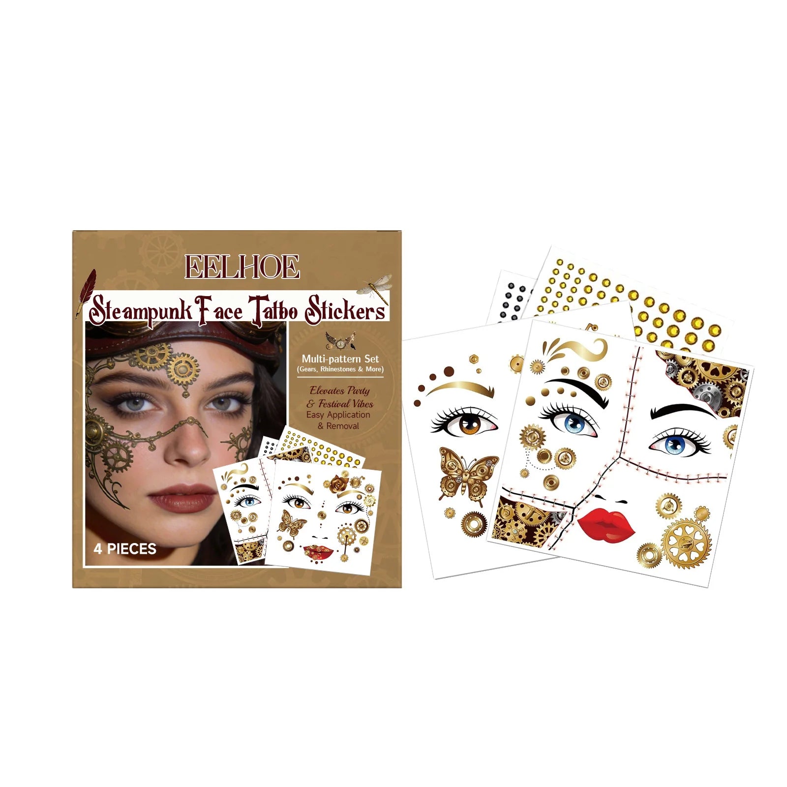 Punk Style Face Tattoo Sticker Set Rhinestone Decor Party Makeup Decal Waterproof Festival Cosplay DIY Face Decor Kit Oasis Select 1box 4pcs