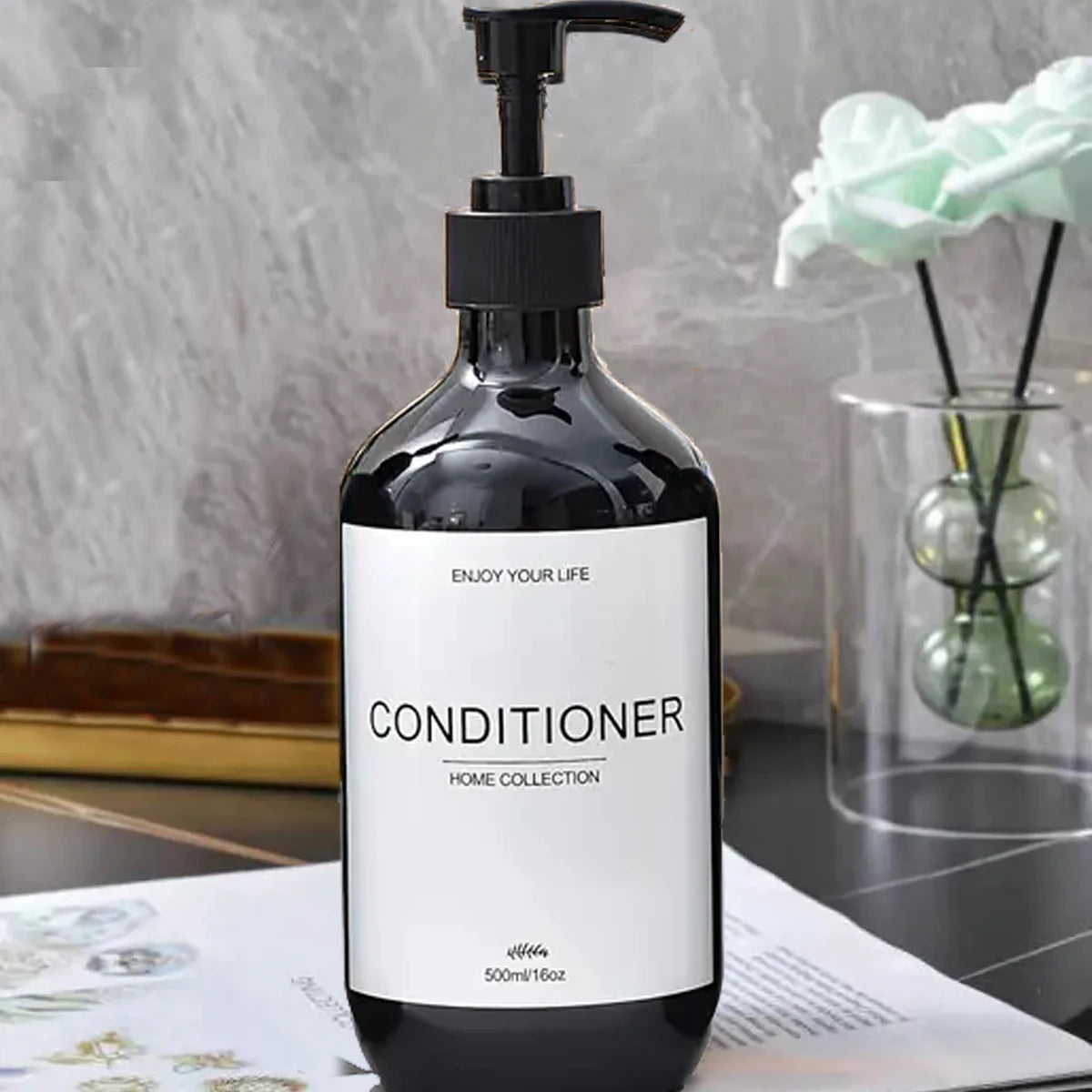 Bathroom Shampoo Dispenser Set 500ml Conditioner Body Wash Bottles Refillable Dispenser Farmhouse Decoration Storage Bottles Oasis Select Black-C 1