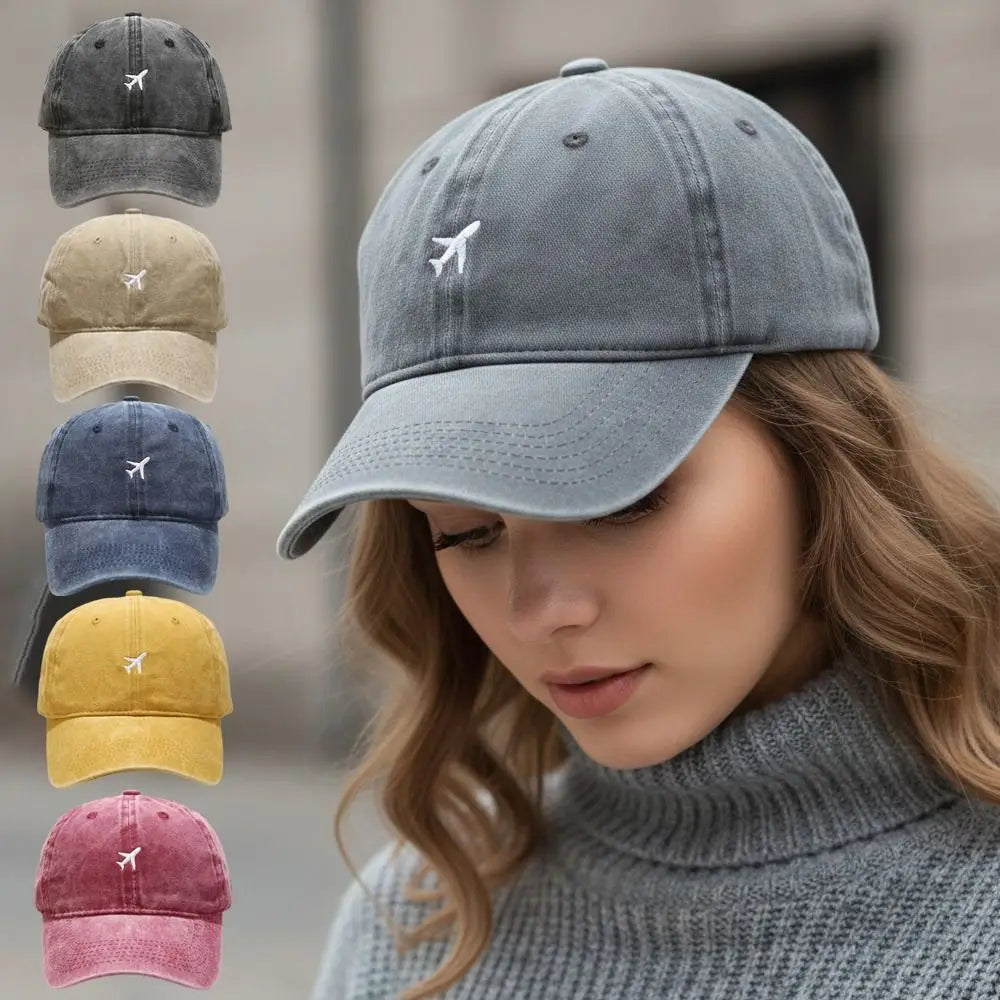 Washed Cotton Airplane Embroidered Baseball Cap Hip Hop Adjustable Peaked Cap Distressed Sunscreen Plane Dad Hat Oasis Select