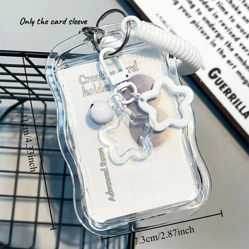 Kawaii Wavy Edge Clear Card Holder with Star Keychain Transparent ID Badge Holder for Student Bus Card & Credit Card Storage Oasis Select White